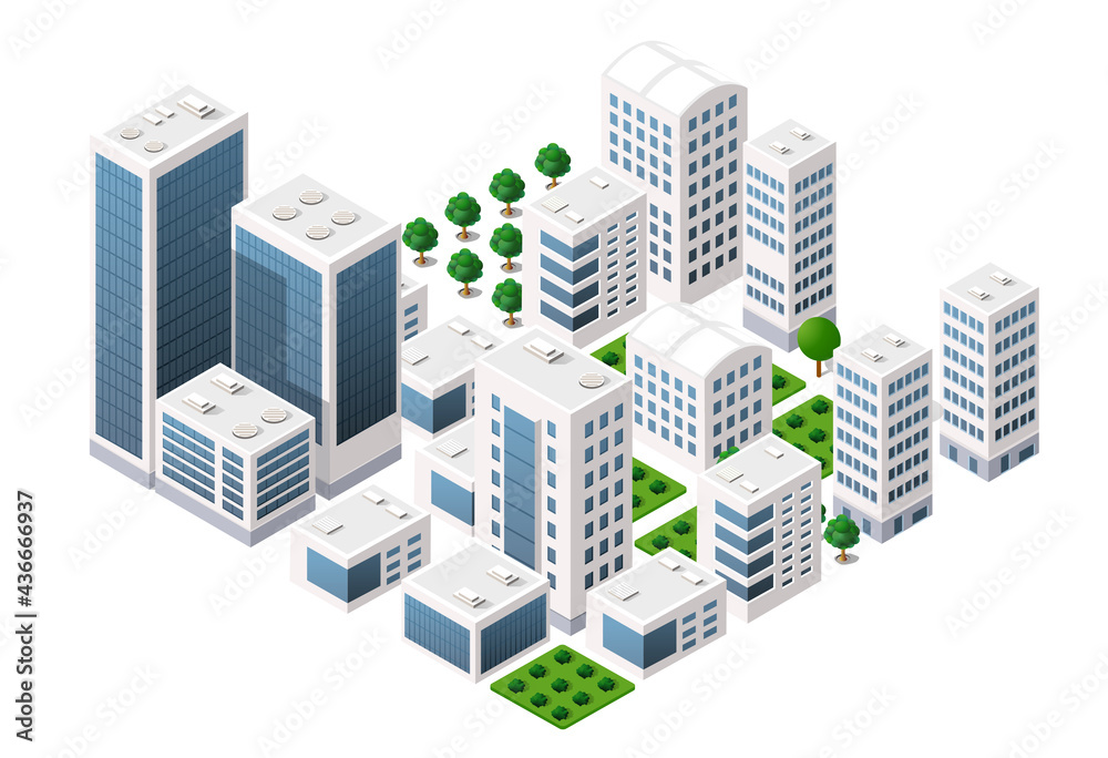 Isometric vector downtown skyscraper illustration of a modern