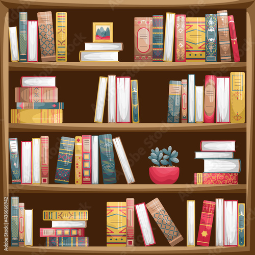Wooden bookcase with books. Book spines in retro style.