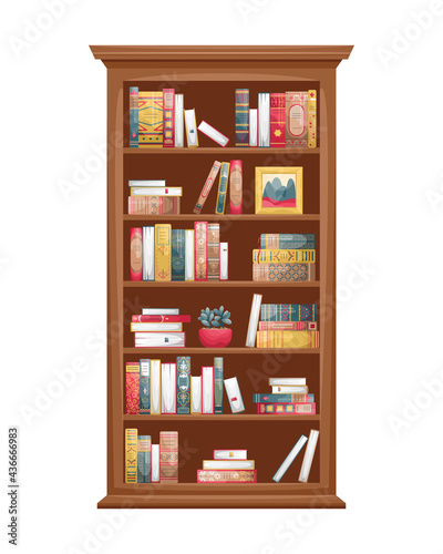 Isolated illustration of a wooden bookcase with books. Book spines in retro style.
