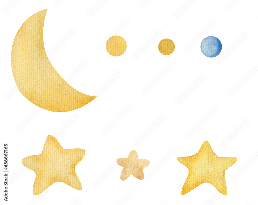 set of moon, stars, points, sky, childrens illustration in watercolor on a white background set of moon, stars, points, sky, childrens illustration in watercolor on a white background