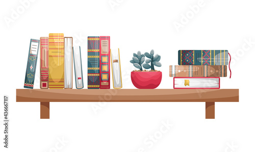 Books with retro-style covers on a wall bookshelf with a flower pot.