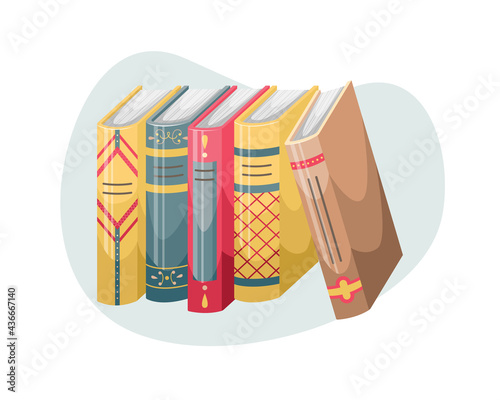 Vector illustration of books with covers and spines in a retro style.