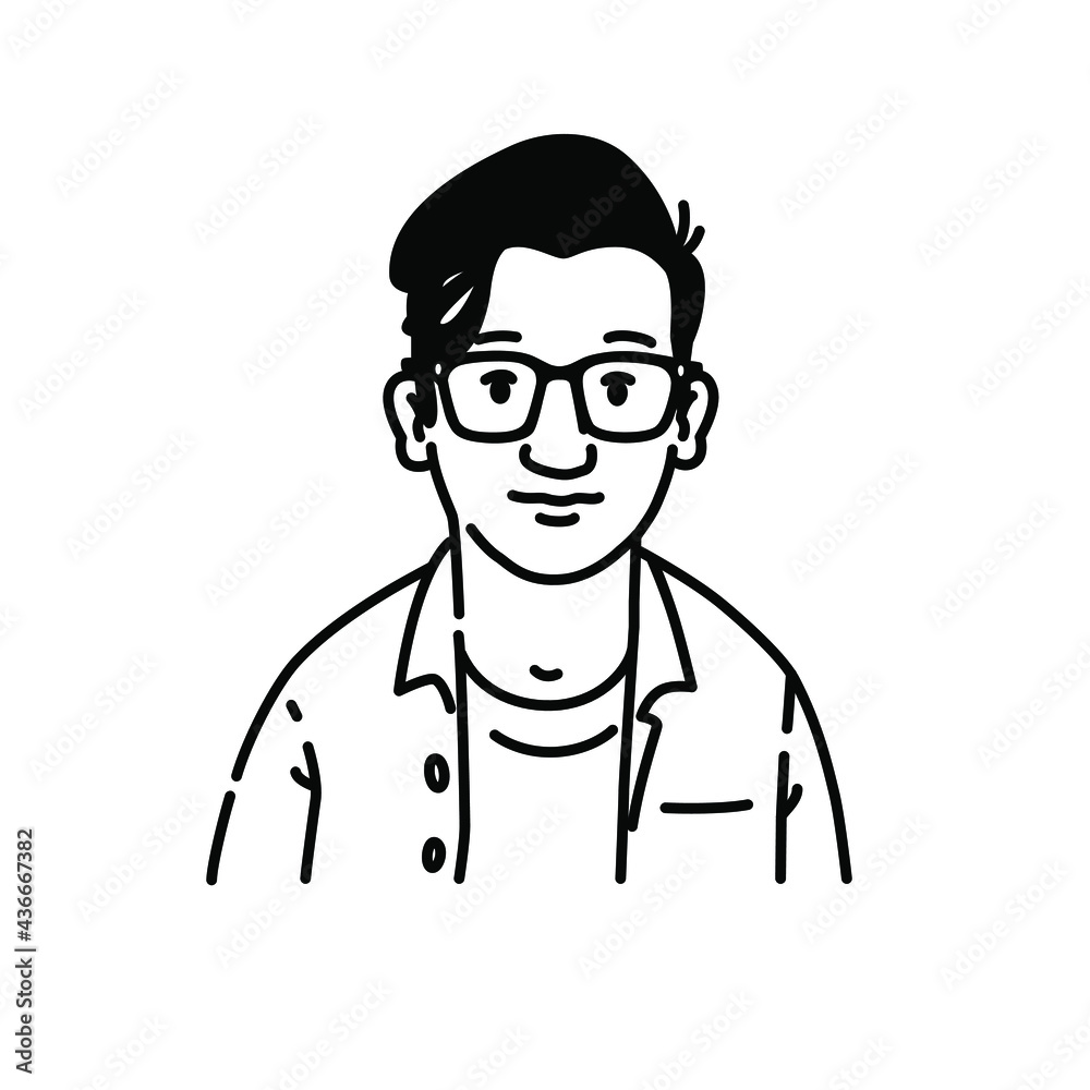 Avatar of a young man with glasses. Nerd or geek, brand character for the logo. Vector. Fashionable modern style. The image is isolated on a white background.