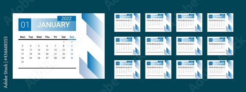 calendar 2022 with minimal design. vector of desk calender 2022. week start on monday. blue themes. sunday as weekend.