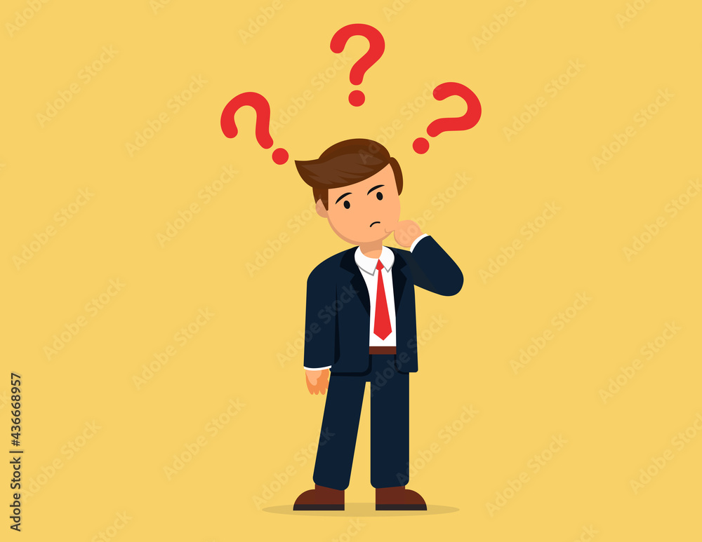 Businessman confused with the question. thinking or solving problem concept