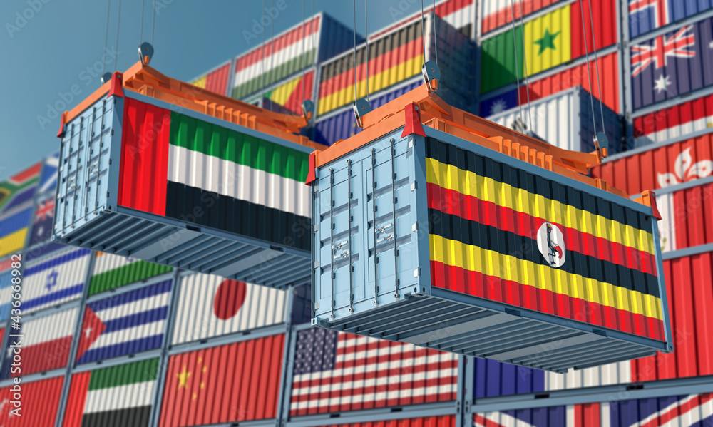 Two freight container with United Arab Emirates and Uganda national flag. 3D Rendering