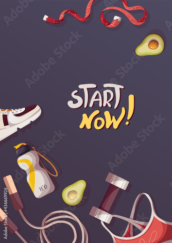 Card design with sports elements and hand written motivation phrase. Sport, Healthy lifestyle, Gym, Fitness, Training concept. A4 vector illustration for poster, banner, card, postcad. photo