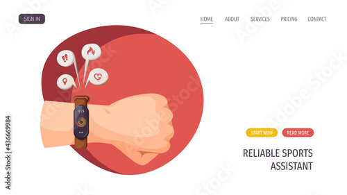 Fitness watches on the left wrist. Healthy lifestyle, motivation, sport equipment, fitness, training, sports gadget concept. Vector illustration for poster, banner, website, advertising.
