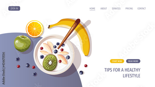 Yogurt with fruits and berries, apple, orange, banana. Healthy eating, nutrition, diet, cooking, breakfast menu, fresh food concept. Vector illustration for banner, website, poster.
