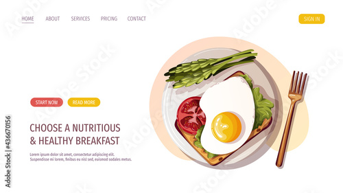 Toast with omelet, tomato, asparagus. Healthy eating, nutrition, diet, cooking, breakfast menu, fresh food concept. Vector illustration for banner, website, poster.