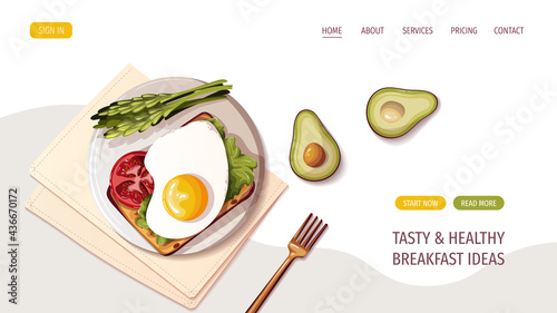 Toast with omelet, avocado, asparagus. Healthy eating, nutrition, diet, cooking, breakfast menu, fresh food concept. Vector illustration for banner, website, poster.