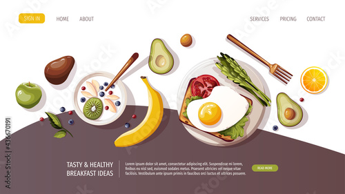 Toast with omelet, yogurt with fruits, avocado, asparagus. Healthy eating, nutrition, diet, cooking, breakfast menu, fresh food concept. Vector illustration for banner, website, poster.