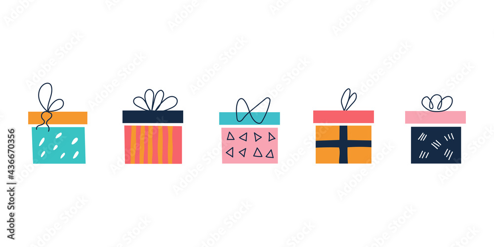 A set of bright colorful square gift boxes on a white background with bows in a flat doodle style. Vector illustration. Nursery decor, posters, postcards, clothing and interior items A set of bright colorful square gift boxes on a white background with bows in a flat doodle style. Vector illustration. Nursery decor, posters, postcards, clothing and interior items