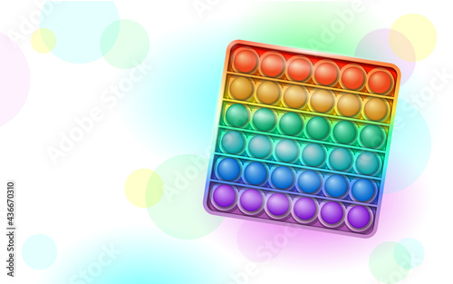 3D realistic antistress fidget toy. Kids and adults trending multicolor rainbow board game sensory pop it silicone illustration. Flexible bubble finger toy on white background