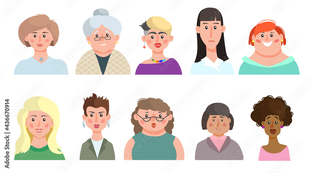 Collection of portraits of different age and style women. Set of modern female avatars. Flat cartoon vector illustrations isolated on white background. Collection of portraits of different age and style women. Set of modern female avatars. Flat cartoon vector illustrations isolated on white background.
