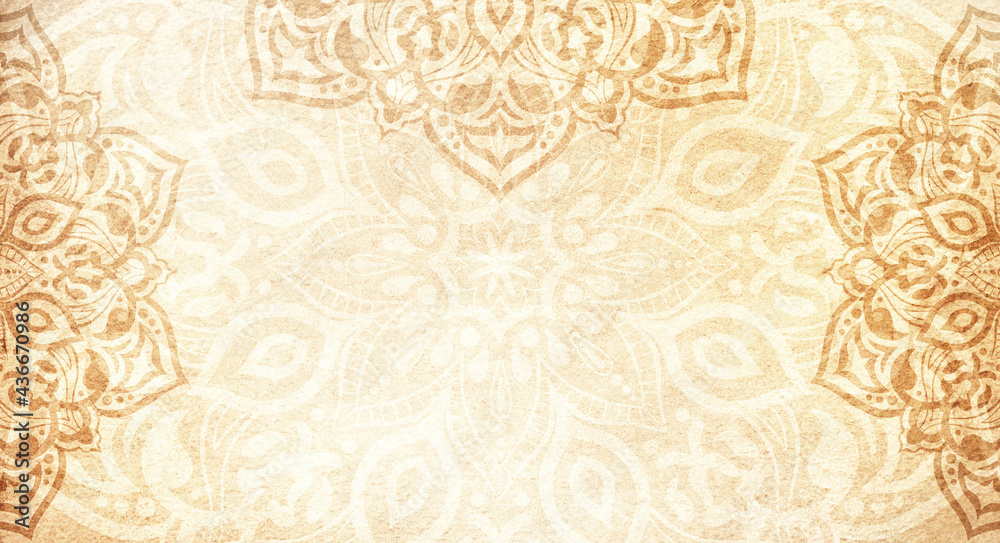 Soft earthy golden tan sandstone textured background with mandala decorations - copy space, frame Soft earthy golden tan sandstone textured background with mandala decorations - copy space, frame