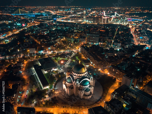 Drone night long exposure of St. Sava temple and rest of Belgrade photo