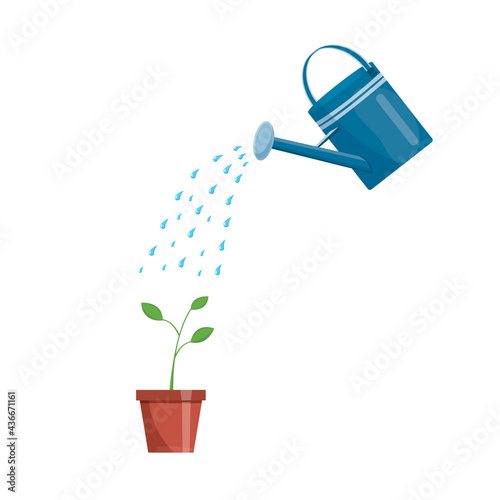 Garden watering can is watering a flower. Garden tools, vector illustration