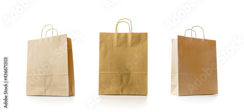 Bag craft set. Brown paper bag collection with kraft recycle texture, empty blank space for design mockup isolated on white background. Packaging template mock up with stitch sewing.