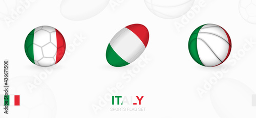 Sports icons for football, rugby and basketball with the flag of Italy.