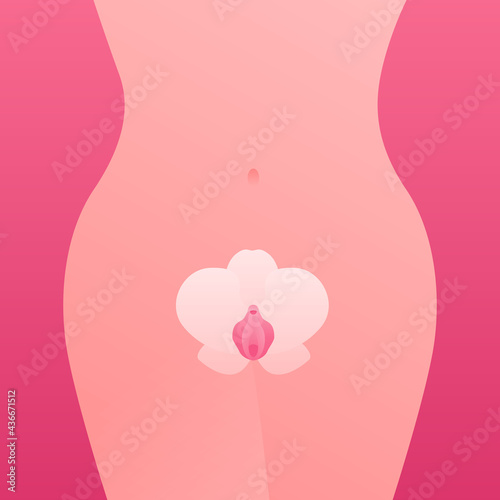 Female reproductive system symbol. Vector flat illustration. Vulva in form of flower symbol. Woman body on background. Design for healthcare, gynecology, beauty industry