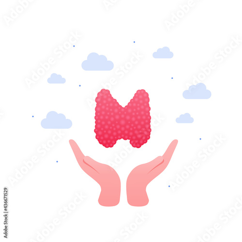 Endocrinology and thyroid disease awareness concept. Vector flat medical illustration. Human hand holding internal organ, isolated on white background. Design for healthcare