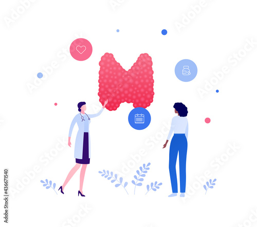 Endocrinology and thyroid disease awareness concept. Vector flat people medical illustration. Female doctor and patient checkup appointment. Calendar, medicine, heart shape sign. Design for healthcare