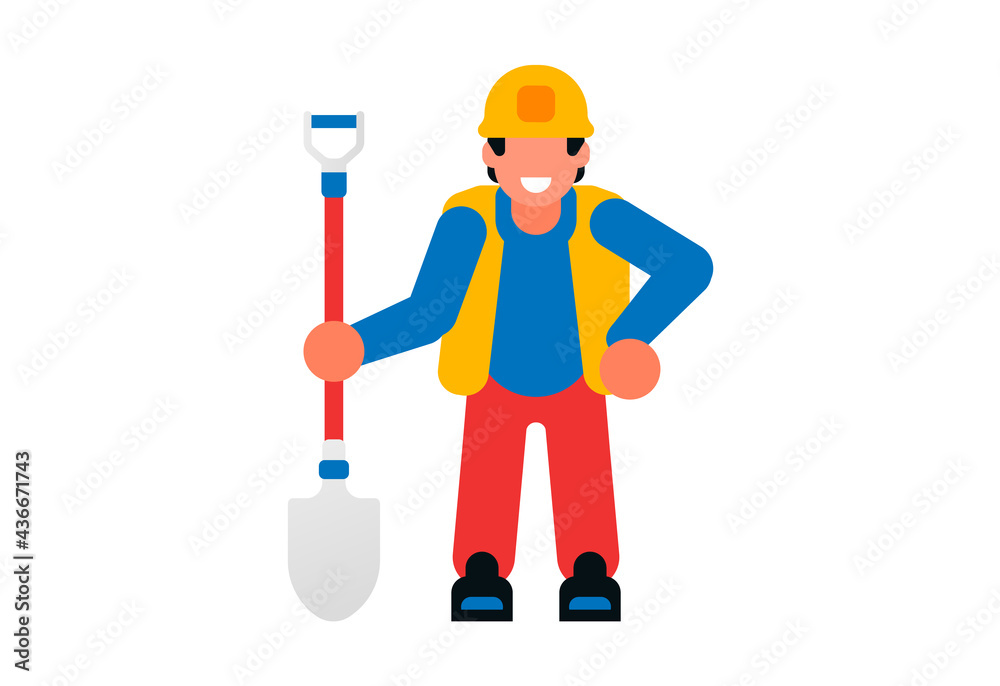 Worker holding a shovel. Male builder and shovel. Vector illustration isolated on white background Worker holding a shovel. Male builder and shovel. Vector illustration isolated on white background