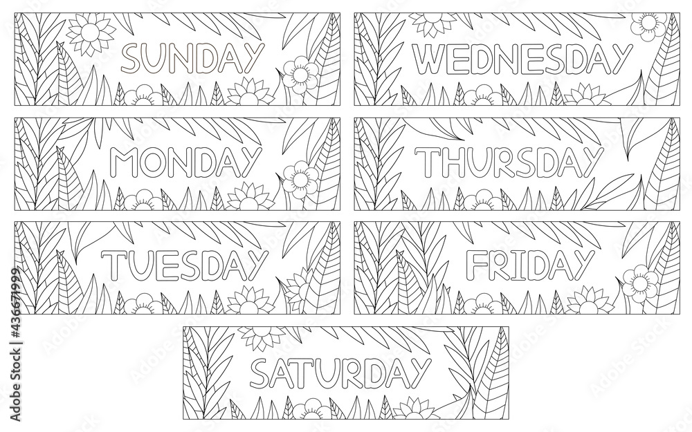 Coloring bookmarks. Days of the week. Set. Stock Vector | Adobe Stock