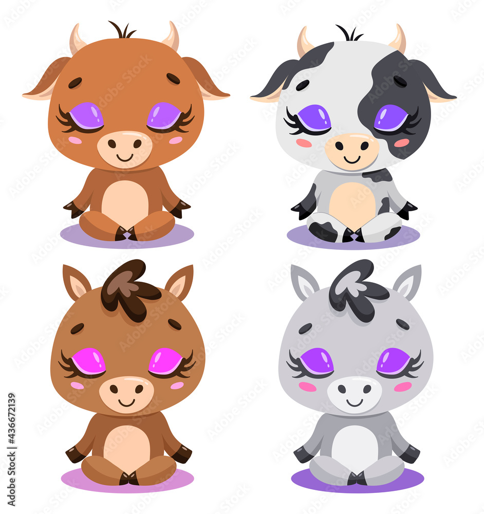 Flat vector illustration of cute cartoon cow, bull, horse and donkey meditation. Farm animals yoga. Flat vector illustration of cute cartoon cow, bull, horse and donkey meditation. Farm animals yoga.