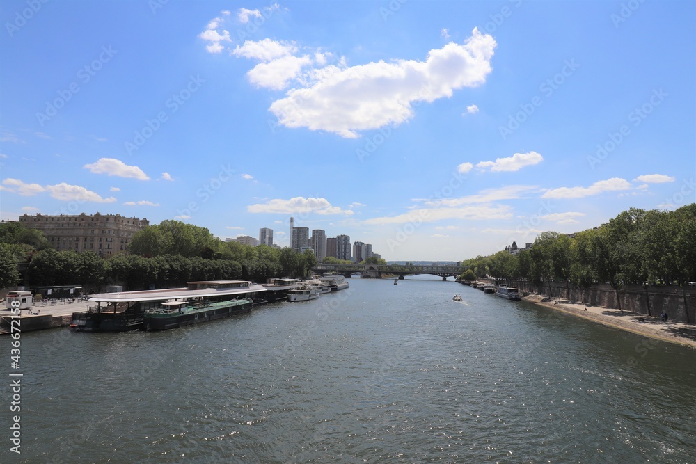 Le fleuve Seine dans Paris avec les tours de gratte cie du quartier Beaugrenelle en arrière plan, ville de Paris, France