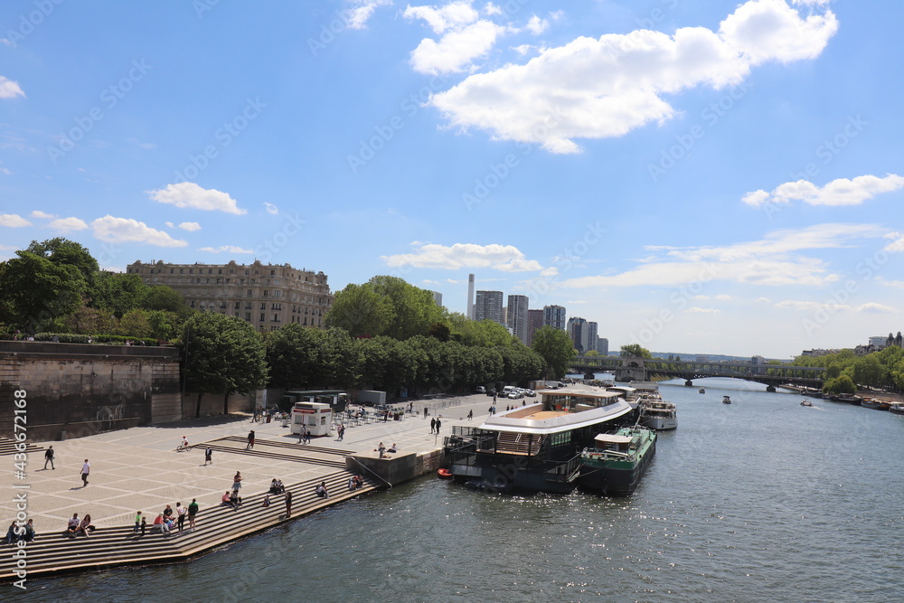 Obraz premium Le fleuve Seine dans Paris avec les tours de gratte cie du quartier Beaugrenelle en arrière plan, ville de Paris, France
