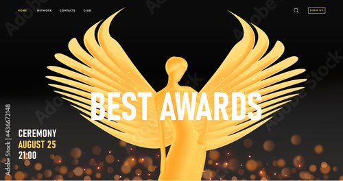 Ceremony event web banner with golden statuette of beautiful woman with wings, best awards landing page template