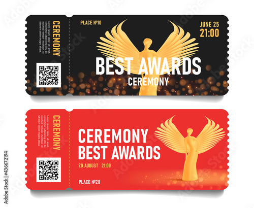 Ceremony event admission tickets with golden statuette of beautiful woman with wings, torn-off part with place and seat