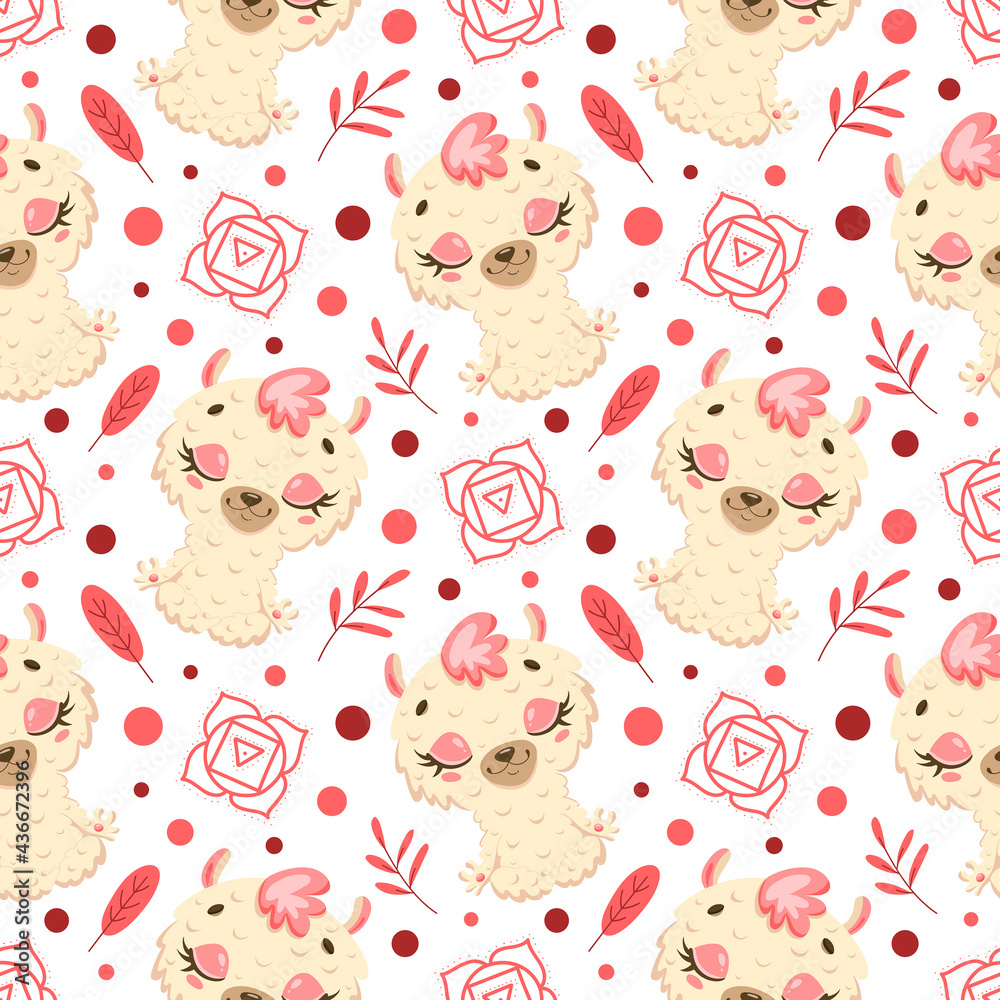 Obraz premium Cute cartoon farm animals meditation seamless pattern. Yoga animals pattern. Llama meditates pattern.