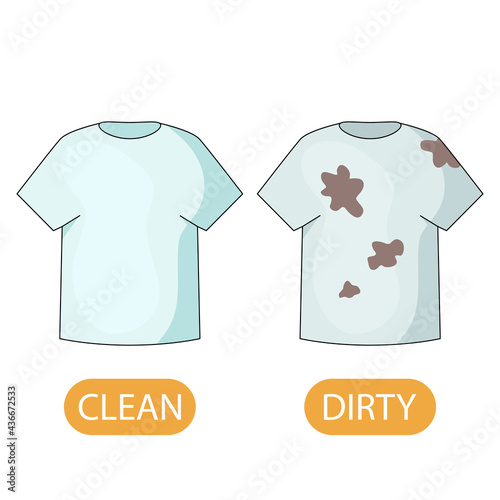 dirty and clean t-shirt. concept of children learning opposite adjectives dirty and clean