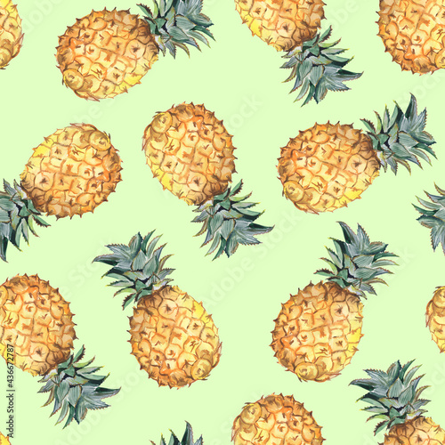 Seamless pattern with pineapples on a light green background, fruit watercolor pattern 