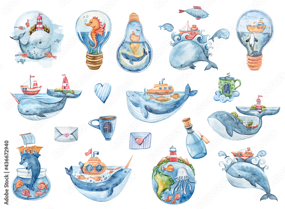 Fototapeta premium Watercolor cute whales. Fairytale Illustration on white background. Perfect for patterns print, baby shower card, invitation, greeting card