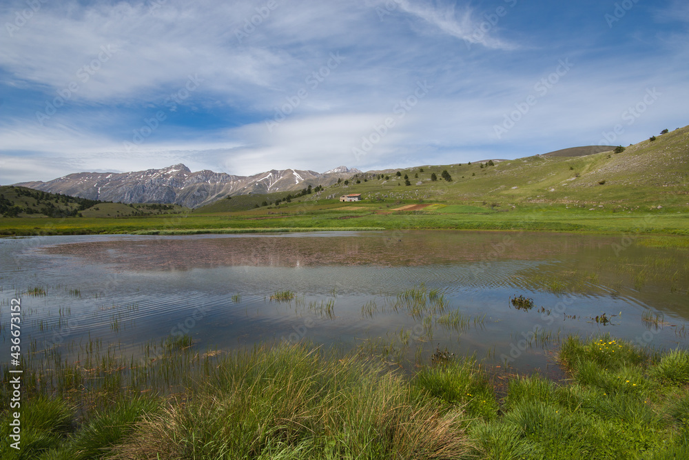 Panoramic view of Filetto lake in the abruzzo mountains, Italy