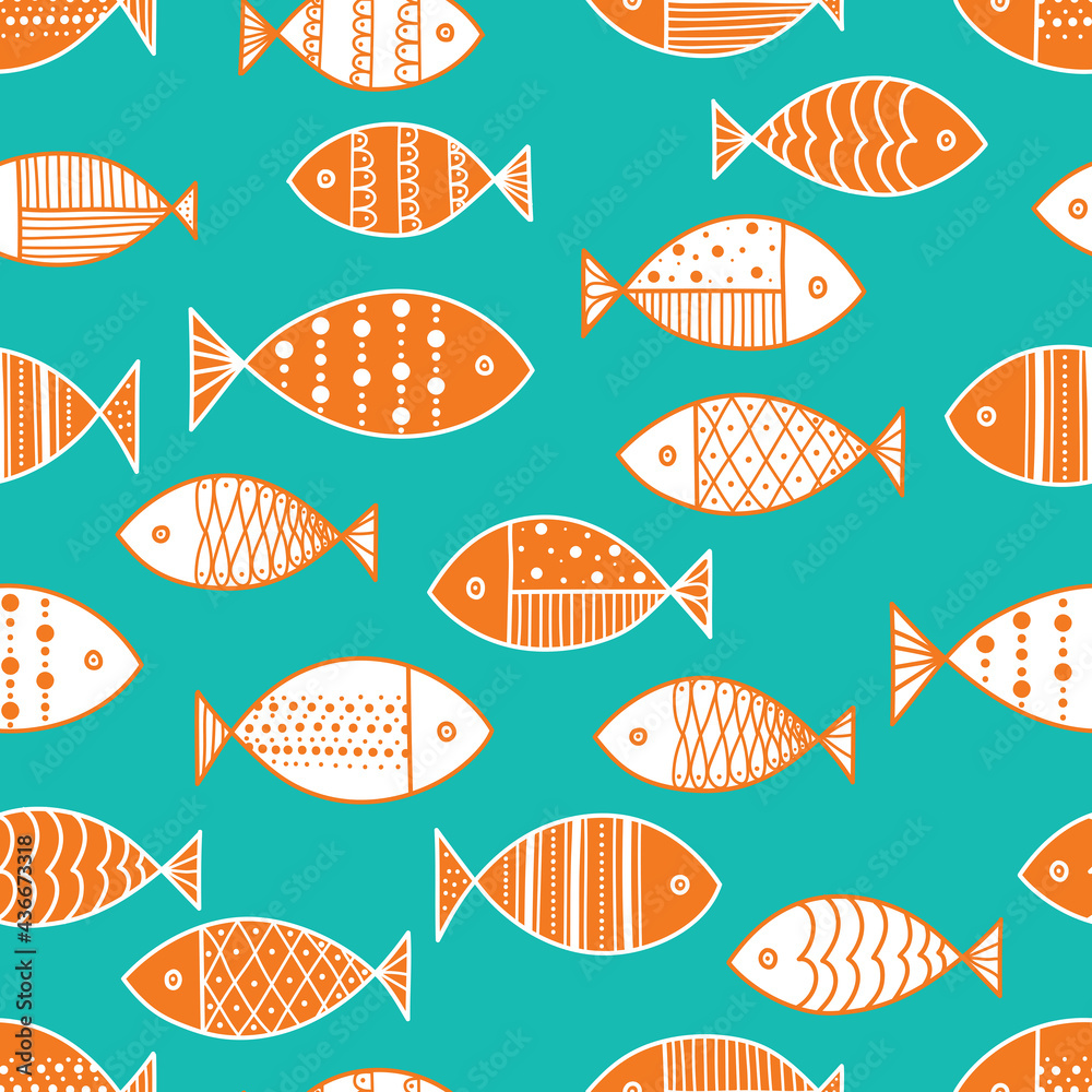 Cute orange fish. Kids background. Seamless pattern. Can be used in textile industry, paper, background, scrapbooking.