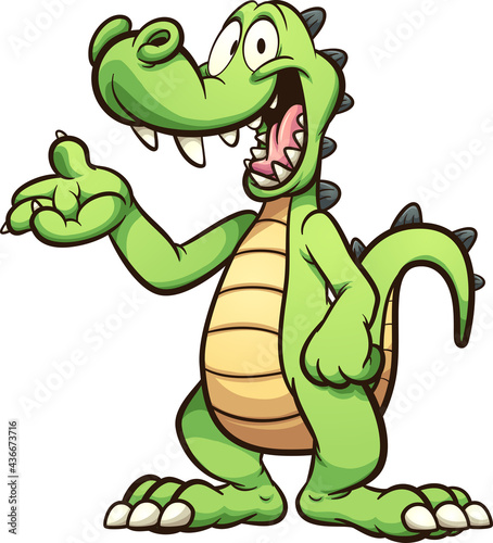 Happy green cartoon crocodile or alligator showing something . Vector clip art illustration with simple gradients. All on a single layer.
