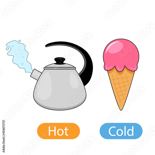 hot boiled kettle with steam and delicious cold ice cream. concept of children's learning of opposite adjectives hot and cold.