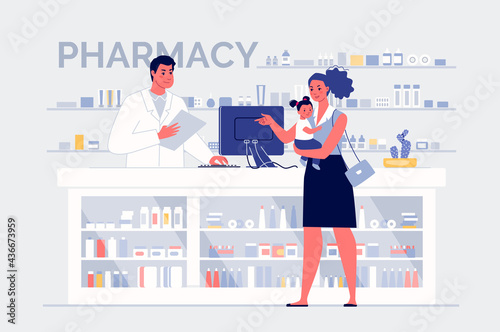 A woman with a child buys medicines from a friendly pharmacist at the pharmacy. Health care concept. Colored vector illustration in flat cartoon style.