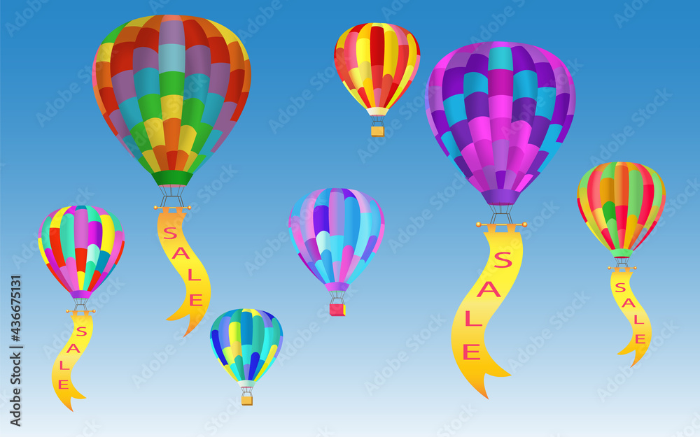 Obraz premium Sale banner template design with colorful balloons / hot air balloons on sky background