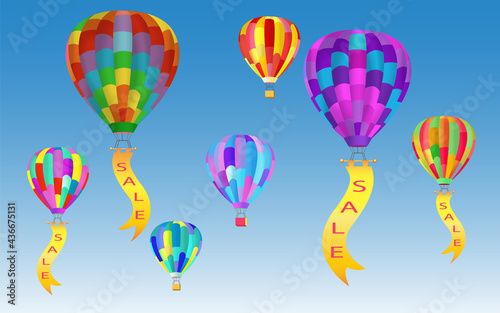 Sale banner template design with colorful balloons / hot air balloons on sky background