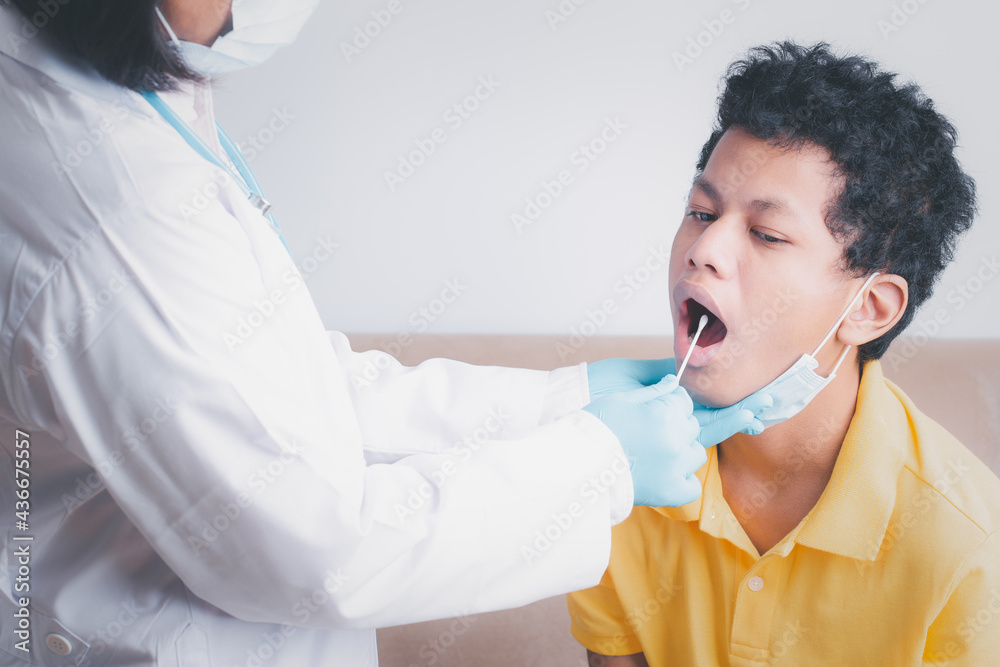 Medical care, Woman doctor taking fluid sample from patients for testing, Medic take saliva sample through fluid with cotton swab check virus test, Diagnostics testing patients, medical care concept. Medical care, Woman doctor taking fluid sample from patients for testing, Medic take saliva sample through fluid with cotton swab check virus test, Diagnostics testing patients, medical care concept.
