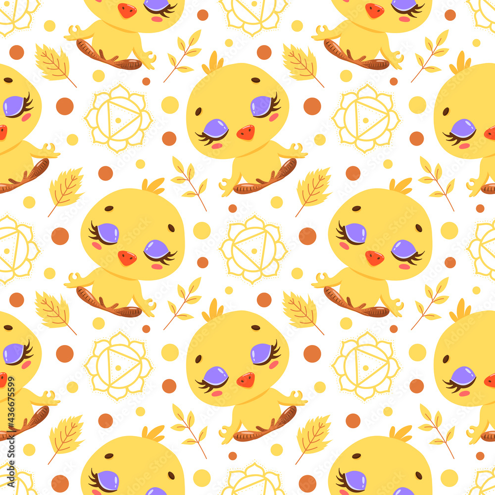 Cute cartoon farm animals meditation seamless pattern. Yoga animals pattern. Chicken meditates pattern. Cute cartoon farm animals meditation seamless pattern. Yoga animals pattern. Chicken meditates pattern.