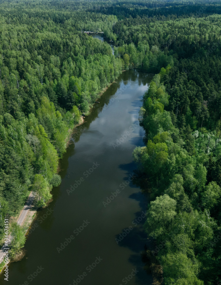 View of the river in the forest from above. Beautiful panoramic view of the wildlife. Shooting from a drone. Design of wallpapers, screensavers, covers.