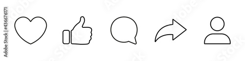Social media icons set like share comment love repost admin user silhouette flat line art symbols