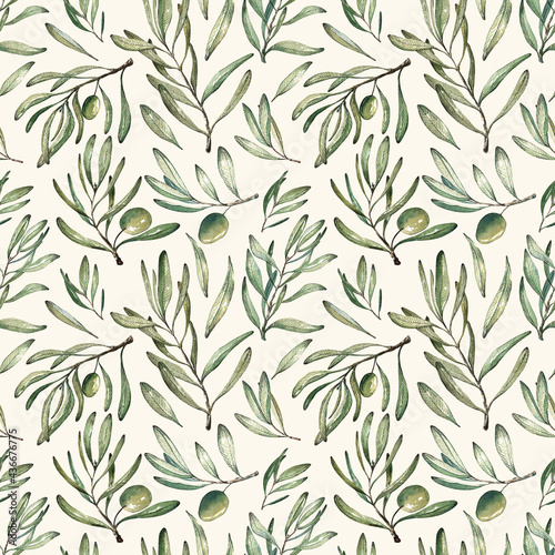 Εκτύπωση καμβά pattern of olive sprigs and leaves watercolor olives on a white background